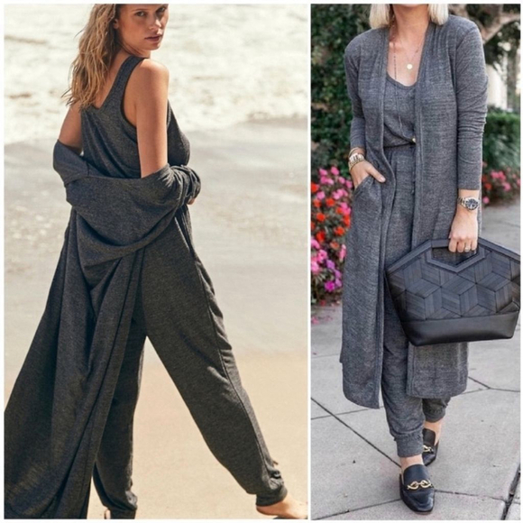Free People Pants - Free People Beach Gray BiCoastal Set Sleeveless Knit Jumpsuit Cardigan Set XS